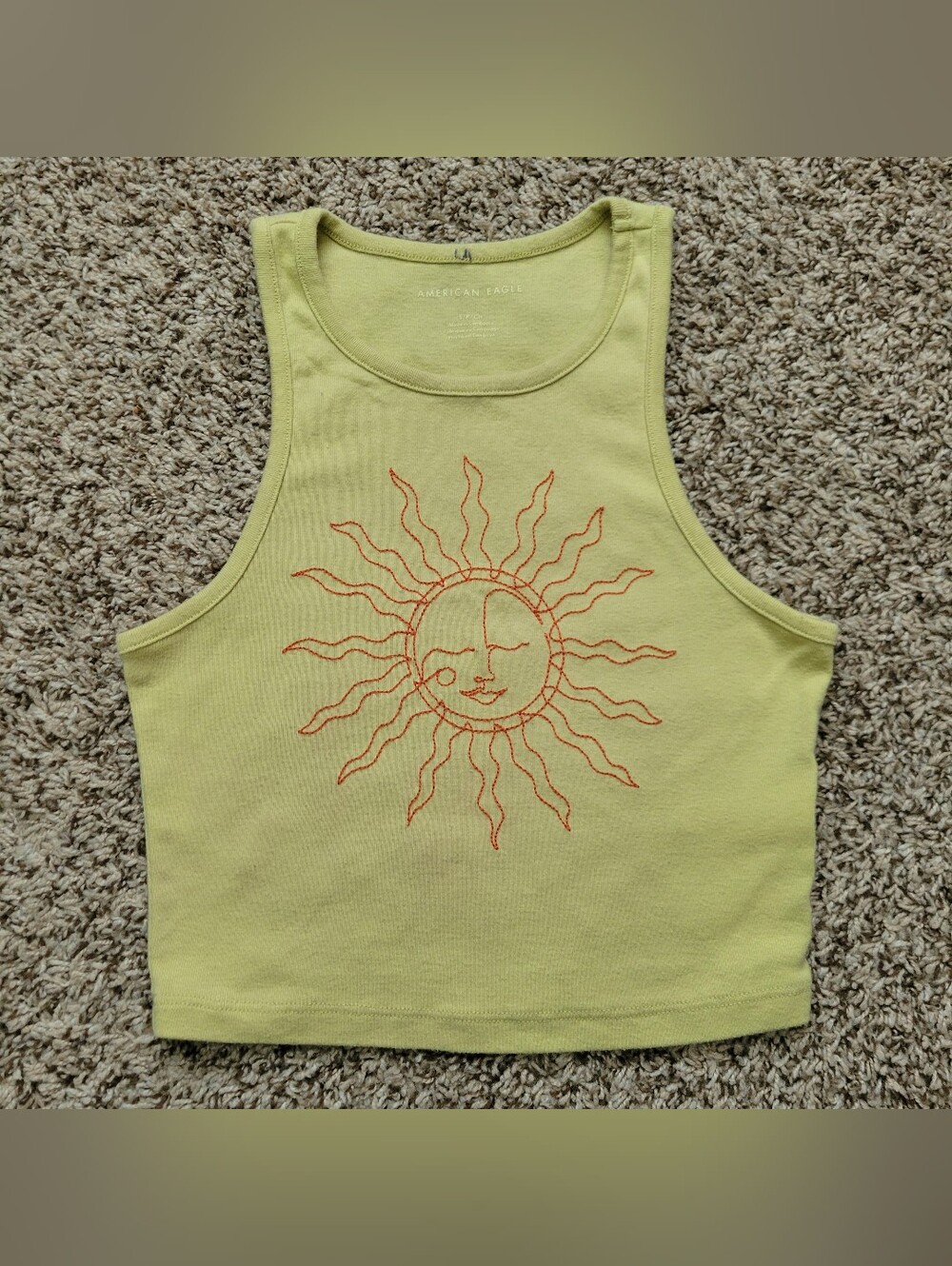 American Eagle Tank Top Shirt Green Orange Celestial Sun Embroidered Crop Small